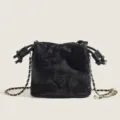 Sac seau en velours noir avec bandoulière chaîne et cordon de serrage pour femme mode élégante - Noir