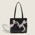 Sac cabas noir femme grande capacité beau nœud sac bandoulière décontracté en cuir PU sac - Noir