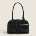 Sac porté épaule bowling en cuir PU noir, sac Boston rétro minimaliste pour femme - Noir