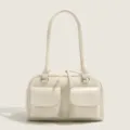 Sac bandoulière bowling en cuir PU blanc, sac Boston rétro minimaliste avec deux poches. - Blanc
