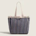 Sac cabas en toile rayé bleu et blanc, grand sac porté épaule décontracté chic. - Bleu