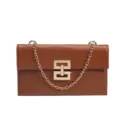 Brown leather shoulder bag women chic crossbody bag with golden chain and stylish lock. - Brown