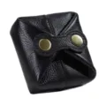Black leather mini coin purse lipstick storage bag portable headphone case with snap buttons. - Black