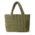 Green quilted puffer tote bag, large capacity soft padded shoulder handbag for women daily commuting. - Green
