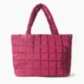 Puffer quilted shoulder bag for women, lightweight down alternative tote bag with large capacity. - Rose Red