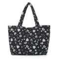 Black Quilted Shoulder Tote Bag with White Star Floral Print Lightweight Puffer Underarm Bag - Black Star Moon Floral
