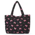 Black quilted shoulder bag with pink bow pattern, lightweight and stylish underarm tote. - Black Bow