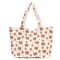 Cute quilted tote bag with sweet bear and strawberry print, lightweight casual shoulder bag. - Beige Strawberry Bear