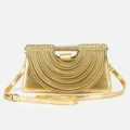 Gold metallic structured handbag with unique pleated arch handle design for women stylish crossbody. - Gold