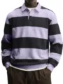 Vista dettagliata della polo uomo casual a righe manica lunga con classico colletto risvolto. - Viola