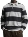 Men's long sleeve striped polo shirt detail view, casual loose fit knitwear top for daily wear. - S / Gray