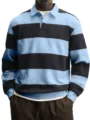 Men's long sleeve striped polo shirt, casual loose fit lapel top, blue and black stripes. - S / Blue