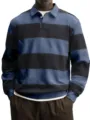 Detail shot of men's casual striped long sleeve polo shirt with lapel collar and blue black block. - S / Navy