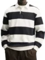 Close-up view of the black and white striped long-sleeve polo shirt collar and fabric detail. - S / White