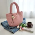 Borsa shopper imbottita rosa minimalista coreana, grande borsa a spalla casual per donna. - senza ciondolo / Rosa