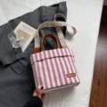 Striped canvas crossbody tote bag, casual daily shoulder bag with patterned strap. - No Pendant / Pink