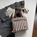 Stylish striped canvas tote bag with brown leather handles and patterned crossbody strap. - No Pendant / Chocolate