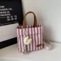 Purple and white striped canvas handbag with brown handles, casual mini tote bag. - With Pendant / Pink
