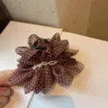 Molla per capelli a pois marroni con perle finte, dettaglio retro elegante per donne. - 13cm Grande / Caffè