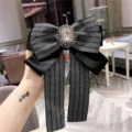 Elegant black white herringbone bow brooch crystal pearl lapel pin vintage clothing accessory - Black