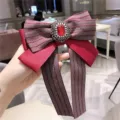 Vintage red fabric bow brooch with gemstone and pearl pendant for women clothing accessories - Red
