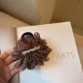 Molla per capelli a pois vintage francese con decorazione di perle per acconciature eleganti. - 8cm Medio / Caffè