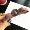 Velvet bow hair clip with sparkling rhinestones, elegant Korean style hair accessory for women. - Dusty Pink
