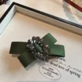 Dark green satin bow hair clip with sparkling dark rhinestones elegant retro design accessory - Green