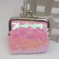 Close-up view of pink iridescent sequin coin purse, featuring metallic kiss-lock closure. - Holographic Pink
