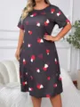 Taglia forte camicia da notte maniche corte stampa cuore vestito nero comodo top - 1XL / Vestiti / Modello 13