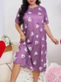 Taglia Forte Viola Maniche Corte Stampa Cuore Camicia Da Notte Casual Larga Vestito - Modello 18 / 1XL