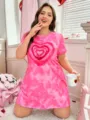 Taglia forte rosa tie dye vestito da notte manica corta stampa cuore comodo vestito - Modello 19 / 1XL
