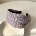 Diadema ancha de cuadros azul y naranja, cinta de pelo plisada retro para uso diario. - Cuadros Naranja Azul