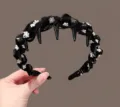 Black fabric floral embroidered hair hoop with teeth non-slip braided headband hair accessory - Black
