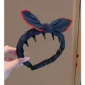 Korean sweet denim bow hair hoop with teeth, contrast red edge anti-slip headband for women. - Solid Color