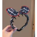 Korean sweet plaid bow headband with teeth anti-slip design, navy blue and red contrast detail. - Plaid