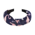 Blue flamingo print fabric headband with front knot design, stylish wide hair accessory. - Flamingo Style (FK-B043 Navy)