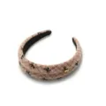 Brown tweed wide headband with black bow embroidery elegant hair accessory for women stylish - Pink