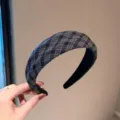 Classic navy blue plaid wide headband, high crown fabric hair hoop for daily chic styling. - Navy Blue Plaid