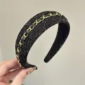 Elegant tweed headband for women chic leather chain hair hoop high crown hair accessory - Black
