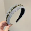 Grey tweed wide headband with gold chain and black leather weave for women stylish hair hoop. - Gray