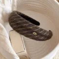 Brown wide knit headband with yellow diagonal stripes and metal handmade tag for women variant - Coffee