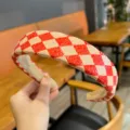 Red and beige checkered hair hoop detail, PU leather wide padded headband fashion item. - Red