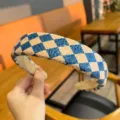 Chic blue checkerboard padded headband PU leather wide hair hoop fashion hair accessory - Sapphire Blue