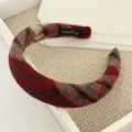 Red plaid fuzzy headband for women, thick fleece hair hoop, cozy winter hair accessory. - Style #5