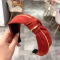 Korean style red wide fabric headband with golden trim knot elegant hair hoop for women. - Burgundy