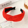 Red knitted cotton wide headband for women, stylish solid color cross knotted hair band. - Red
