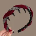 Burgundy velvet headband with rhinestone and teeth, stylish anti-slip hair accessory for women. - Burgundy
