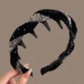 Black velvet rhinestone teeth headband anti-slip hair hoop stylish daily hair accessory - Black
