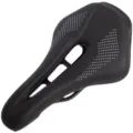 Detailed close-up view of the black bicycle saddle featuring ergonomic hollow ventilation design. - Dual Rail / Black